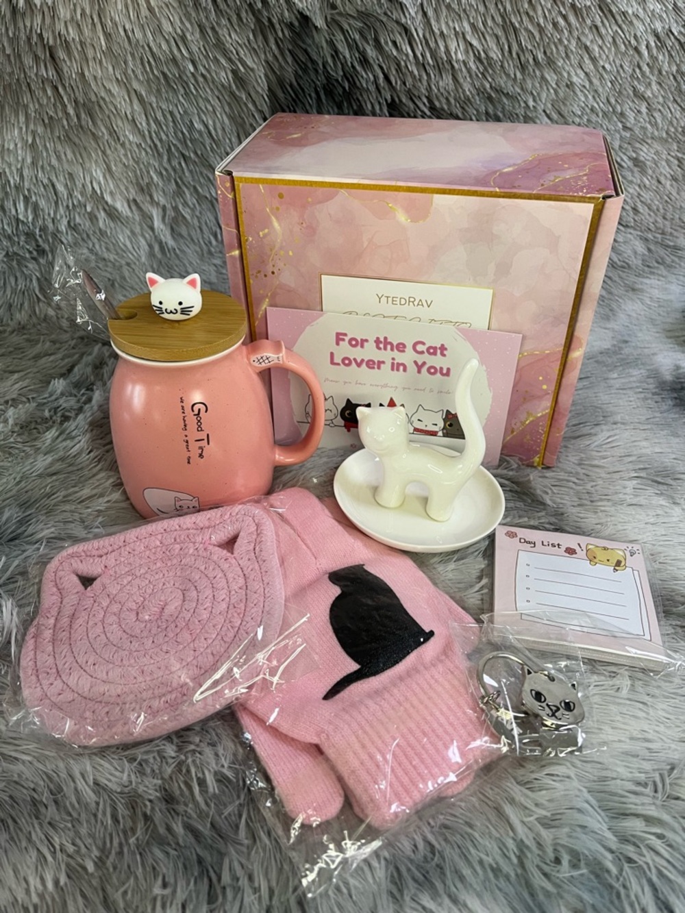 Pink Cat Lover 6pcs Gift Set with Mug, coaster and jewelry holder